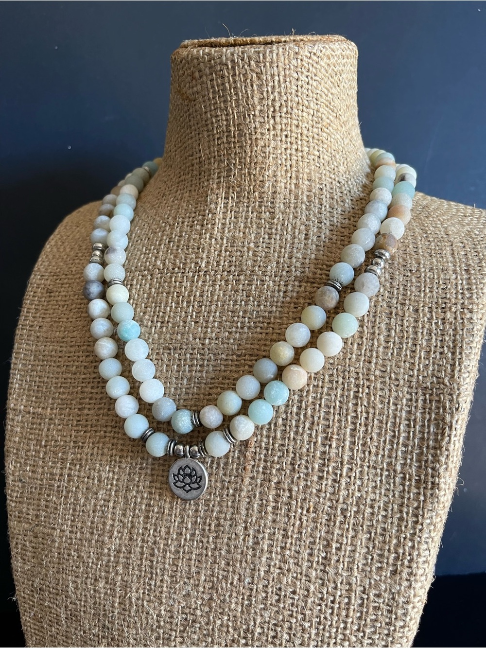 108 natural matte Amazonite stretch Necklace with Lotus Charm. - Picture 3 of 7